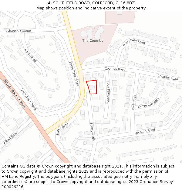 4, SOUTHFIELD ROAD, COLEFORD, GL16 8BZ: Location map and indicative extent of plot