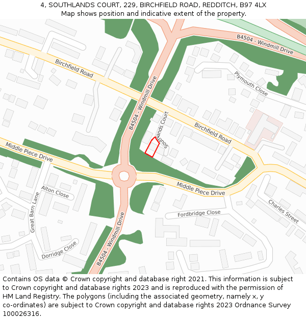 4, SOUTHLANDS COURT, 229, BIRCHFIELD ROAD, REDDITCH, B97 4LX: Location map and indicative extent of plot