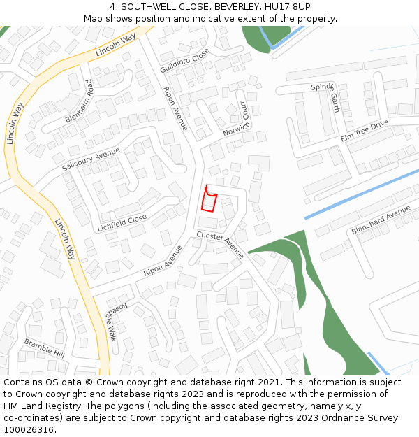 4, SOUTHWELL CLOSE, BEVERLEY, HU17 8UP: Location map and indicative extent of plot