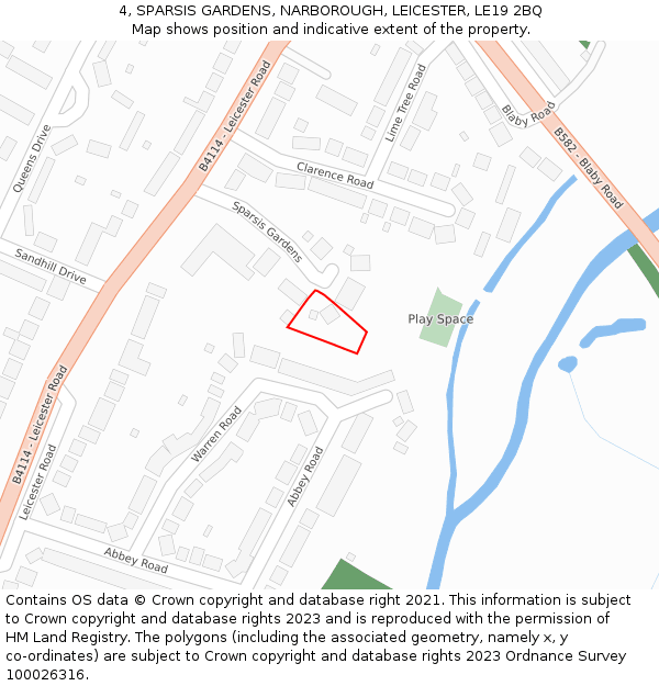 4, SPARSIS GARDENS, NARBOROUGH, LEICESTER, LE19 2BQ: Location map and indicative extent of plot