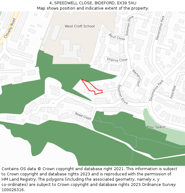 4, SPEEDWELL CLOSE, BIDEFORD, EX39 5XU: Location map and indicative extent of plot