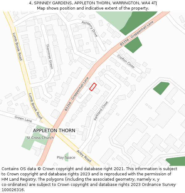 4, SPINNEY GARDENS, APPLETON THORN, WARRINGTON, WA4 4TJ: Location map and indicative extent of plot