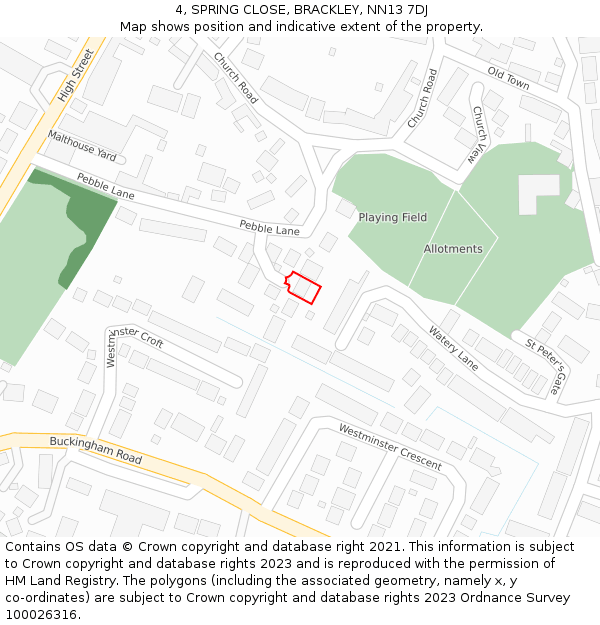 4, SPRING CLOSE, BRACKLEY, NN13 7DJ: Location map and indicative extent of plot