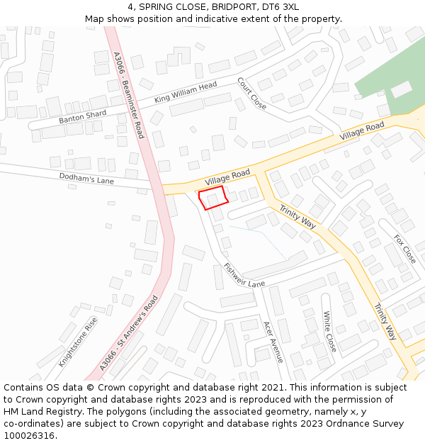 4, SPRING CLOSE, BRIDPORT, DT6 3XL: Location map and indicative extent of plot