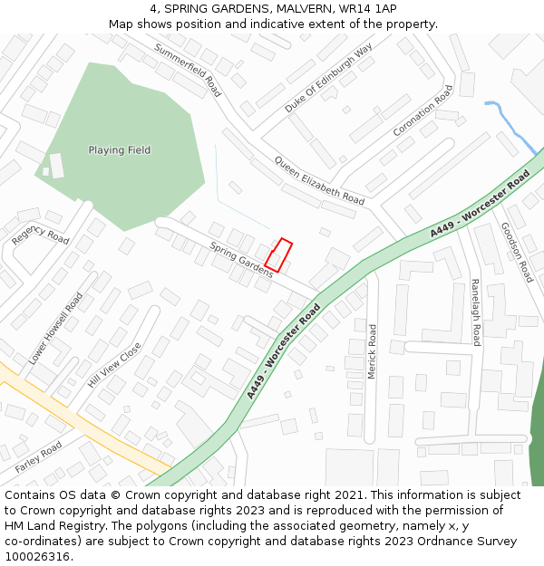 4, SPRING GARDENS, MALVERN, WR14 1AP: Location map and indicative extent of plot