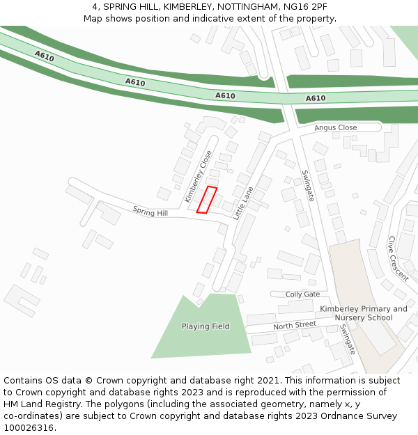 4, SPRING HILL, KIMBERLEY, NOTTINGHAM, NG16 2PF: Location map and indicative extent of plot