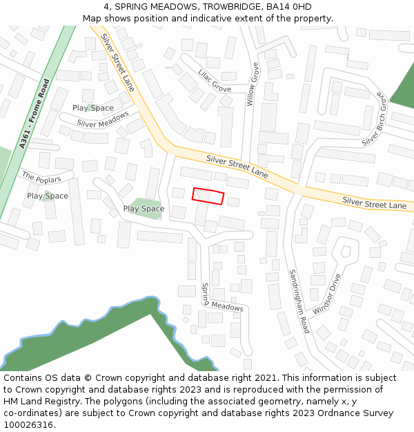 4, SPRING MEADOWS, TROWBRIDGE, BA14 0HD: Location map and indicative extent of plot