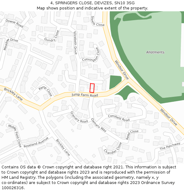 4, SPRINGERS CLOSE, DEVIZES, SN10 3SG: Location map and indicative extent of plot
