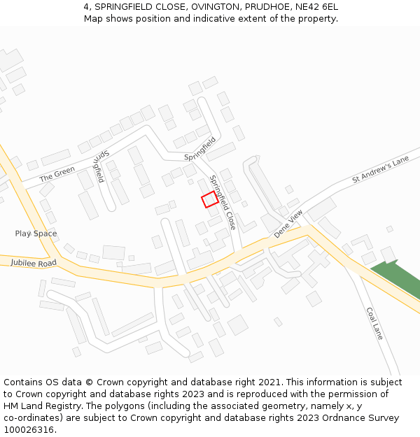 4, SPRINGFIELD CLOSE, OVINGTON, PRUDHOE, NE42 6EL: Location map and indicative extent of plot