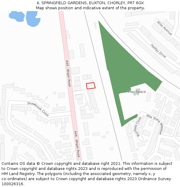 4, SPRINGFIELD GARDENS, EUXTON, CHORLEY, PR7 6GX: Location map and indicative extent of plot