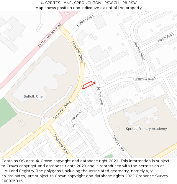 4, SPRITES LANE, SPROUGHTON, IPSWICH, IP8 3SW: Location map and indicative extent of plot