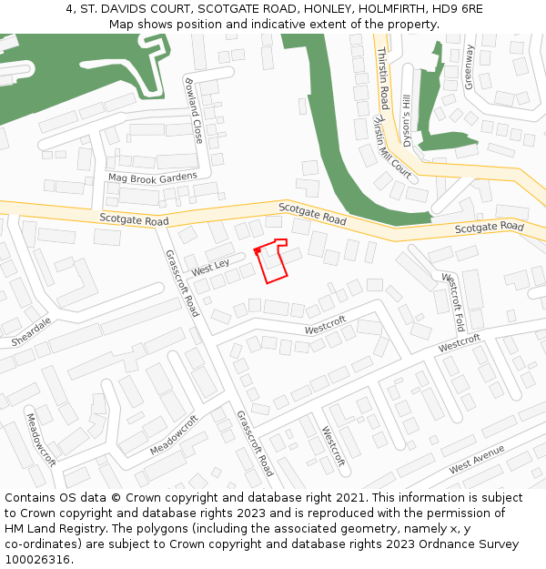 4, ST. DAVIDS COURT, SCOTGATE ROAD, HONLEY, HOLMFIRTH, HD9 6RE: Location map and indicative extent of plot