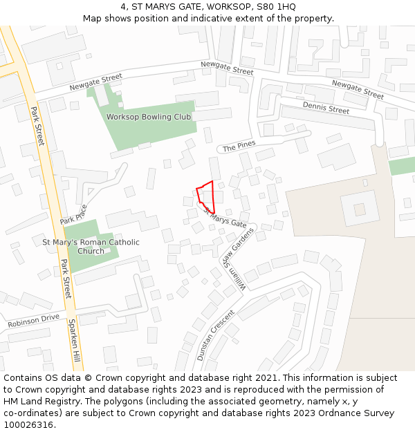 4, ST MARYS GATE, WORKSOP, S80 1HQ: Location map and indicative extent of plot