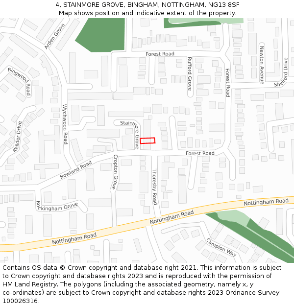 4, STAINMORE GROVE, BINGHAM, NOTTINGHAM, NG13 8SF: Location map and indicative extent of plot