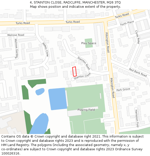 4, STAINTON CLOSE, RADCLIFFE, MANCHESTER, M26 3TQ: Location map and indicative extent of plot