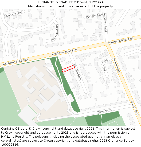 4, STANFIELD ROAD, FERNDOWN, BH22 9PA: Location map and indicative extent of plot