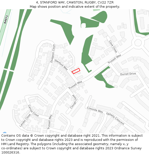 4, STANFORD WAY, CAWSTON, RUGBY, CV22 7ZR: Location map and indicative extent of plot