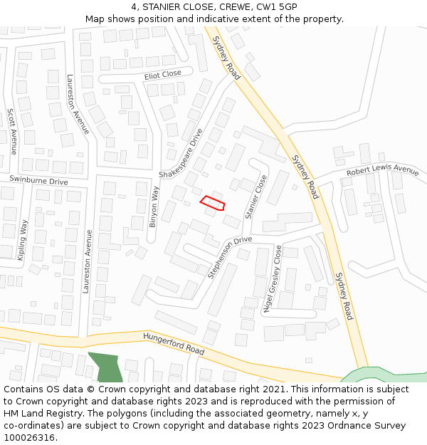 4, STANIER CLOSE, CREWE, CW1 5GP: Location map and indicative extent of plot