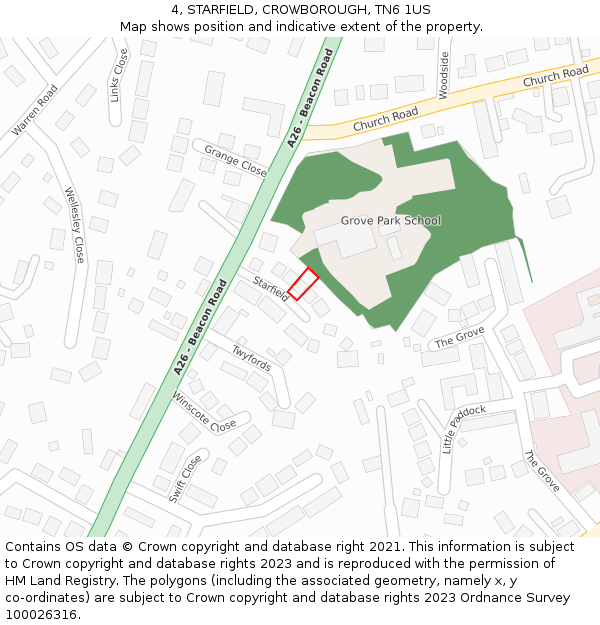 4, STARFIELD, CROWBOROUGH, TN6 1US: Location map and indicative extent of plot