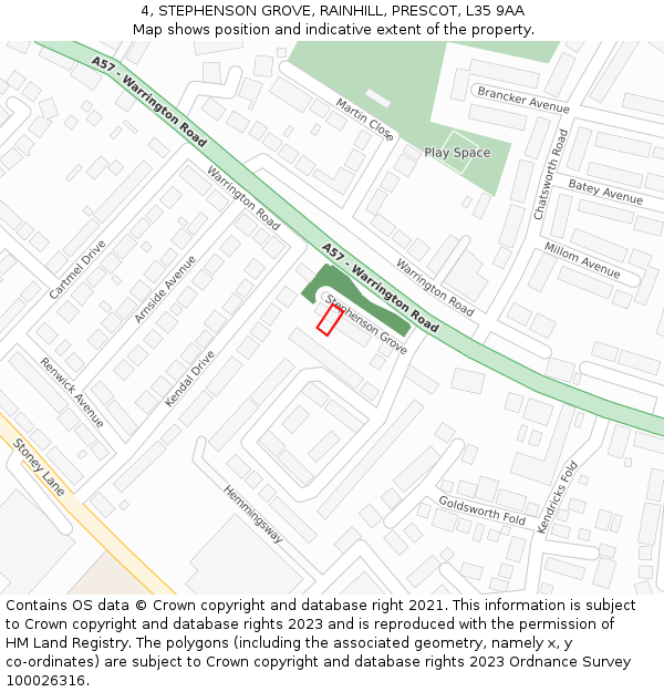 4, STEPHENSON GROVE, RAINHILL, PRESCOT, L35 9AA: Location map and indicative extent of plot