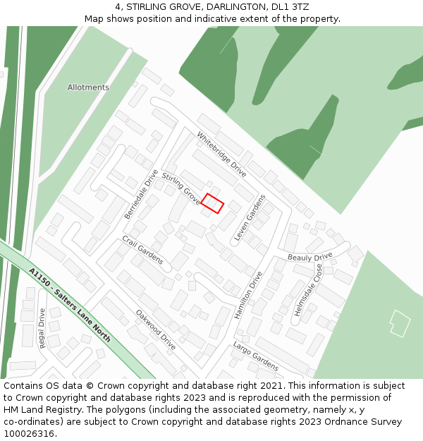 4, STIRLING GROVE, DARLINGTON, DL1 3TZ: Location map and indicative extent of plot