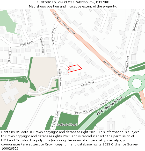 4, STOBOROUGH CLOSE, WEYMOUTH, DT3 5RF: Location map and indicative extent of plot