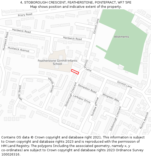 4, STOBOROUGH CRESCENT, FEATHERSTONE, PONTEFRACT, WF7 5PE: Location map and indicative extent of plot