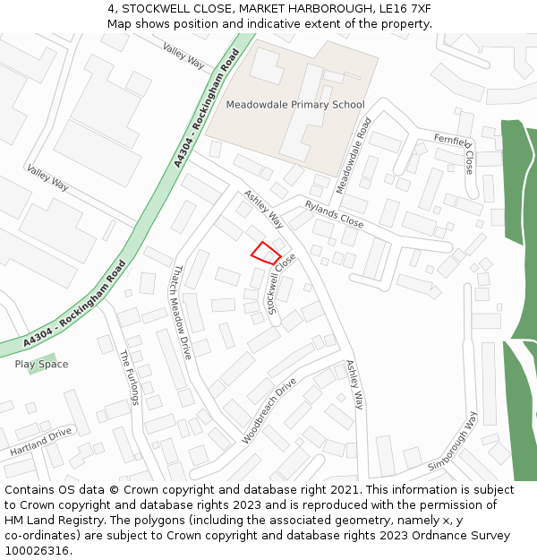 4, STOCKWELL CLOSE, MARKET HARBOROUGH, LE16 7XF: Location map and indicative extent of plot