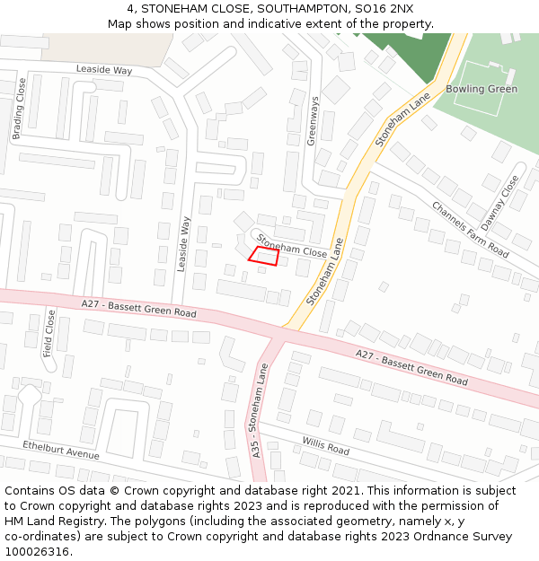 4, STONEHAM CLOSE, SOUTHAMPTON, SO16 2NX: Location map and indicative extent of plot