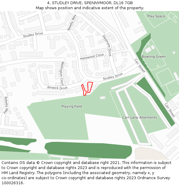 4, STUDLEY DRIVE, SPENNYMOOR, DL16 7GB: Location map and indicative extent of plot