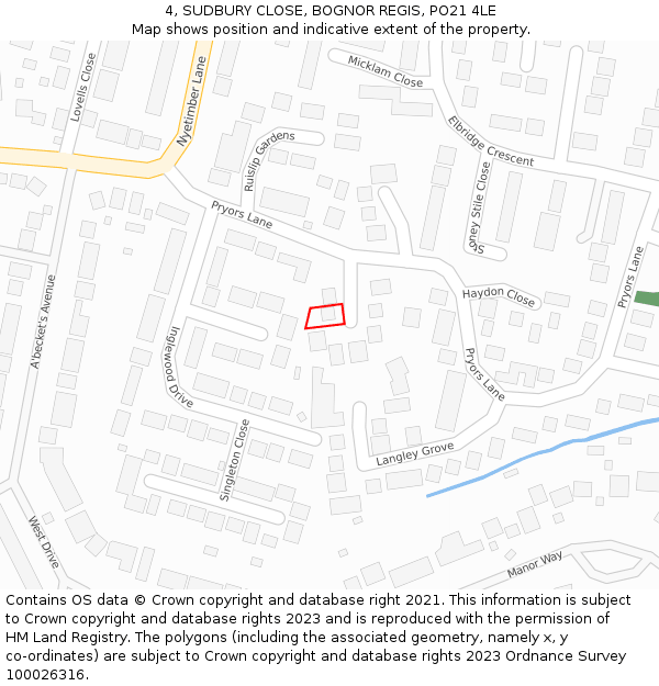 4, SUDBURY CLOSE, BOGNOR REGIS, PO21 4LE: Location map and indicative extent of plot