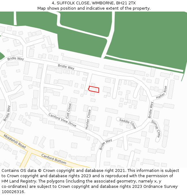 4, SUFFOLK CLOSE, WIMBORNE, BH21 2TX: Location map and indicative extent of plot