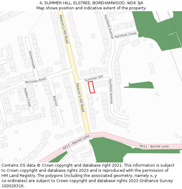 4, SUMMER HILL, ELSTREE, BOREHAMWOOD, WD6 3JA: Location map and indicative extent of plot