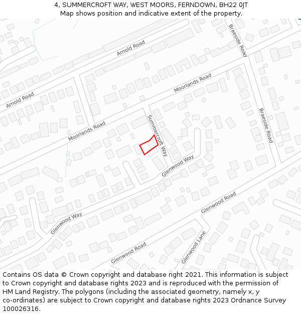 4, SUMMERCROFT WAY, WEST MOORS, FERNDOWN, BH22 0JT: Location map and indicative extent of plot