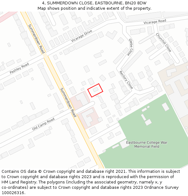 4, SUMMERDOWN CLOSE, EASTBOURNE, BN20 8DW: Location map and indicative extent of plot