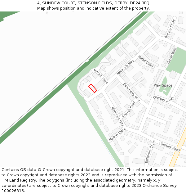 4, SUNDEW COURT, STENSON FIELDS, DERBY, DE24 3FQ: Location map and indicative extent of plot