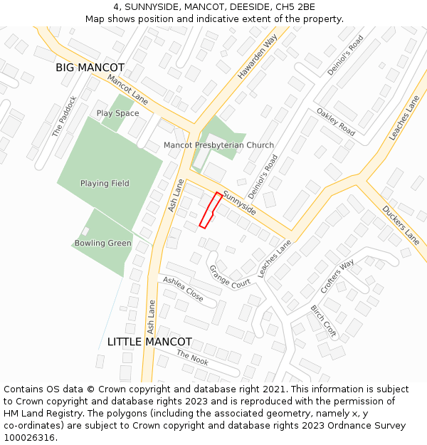 4, SUNNYSIDE, MANCOT, DEESIDE, CH5 2BE: Location map and indicative extent of plot