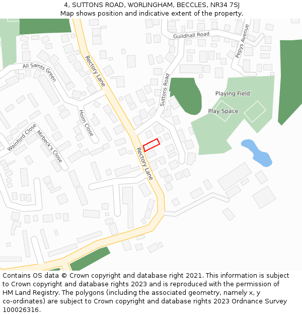 4, SUTTONS ROAD, WORLINGHAM, BECCLES, NR34 7SJ: Location map and indicative extent of plot