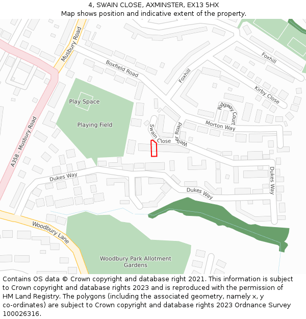 4, SWAIN CLOSE, AXMINSTER, EX13 5HX: Location map and indicative extent of plot