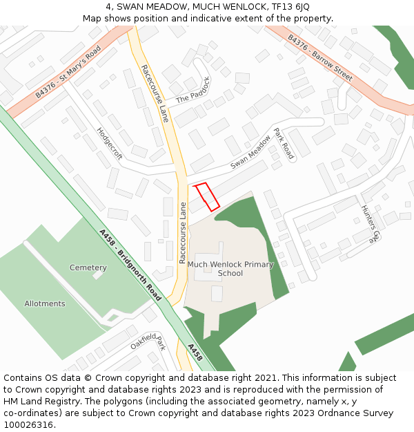 4, SWAN MEADOW, MUCH WENLOCK, TF13 6JQ: Location map and indicative extent of plot