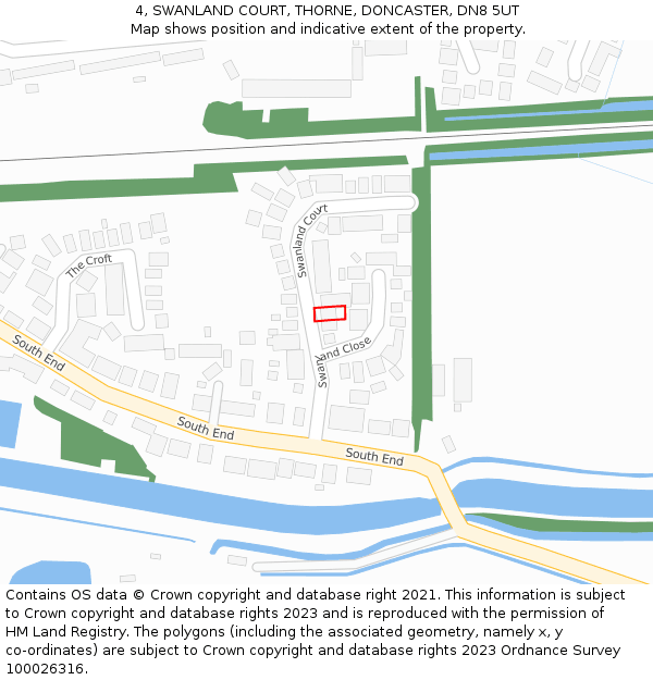 4, SWANLAND COURT, THORNE, DONCASTER, DN8 5UT: Location map and indicative extent of plot