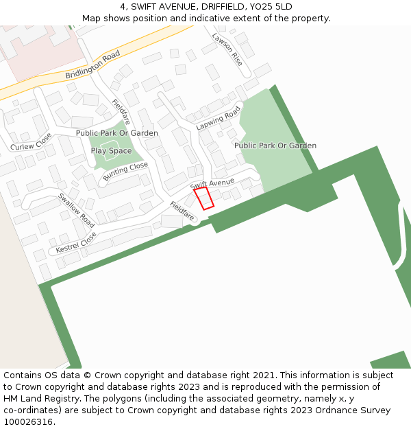 4, SWIFT AVENUE, DRIFFIELD, YO25 5LD: Location map and indicative extent of plot