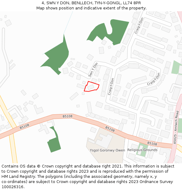 4, SWN Y DON, BENLLECH, TYN-Y-GONGL, LL74 8PR: Location map and indicative extent of plot