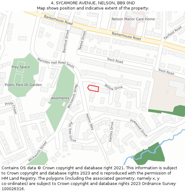 4, SYCAMORE AVENUE, NELSON, BB9 0ND: Location map and indicative extent of plot