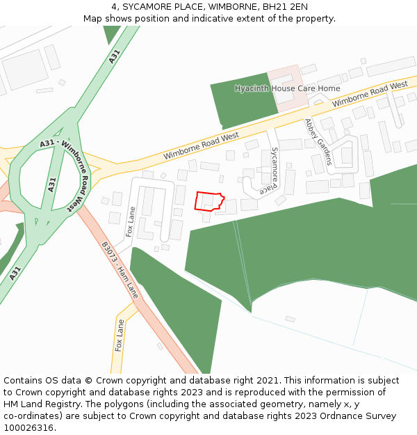 4, SYCAMORE PLACE, WIMBORNE, BH21 2EN: Location map and indicative extent of plot