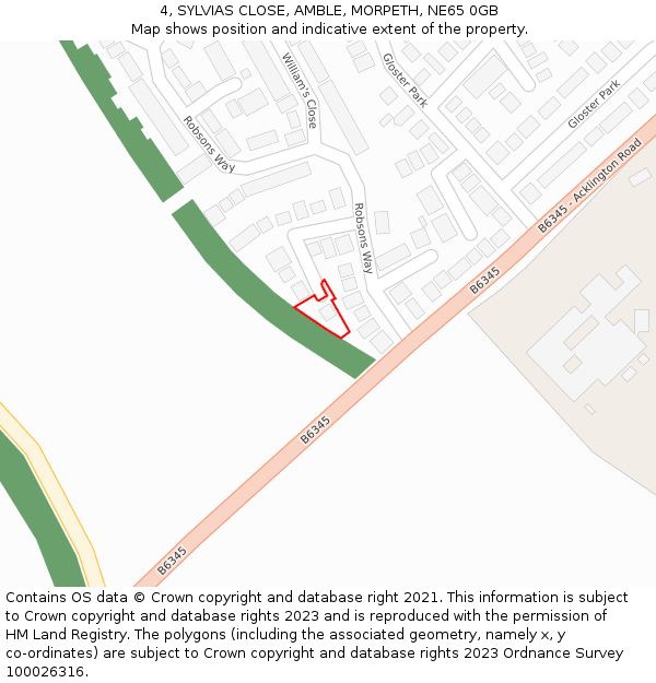 4, SYLVIAS CLOSE, AMBLE, MORPETH, NE65 0GB: Location map and indicative extent of plot