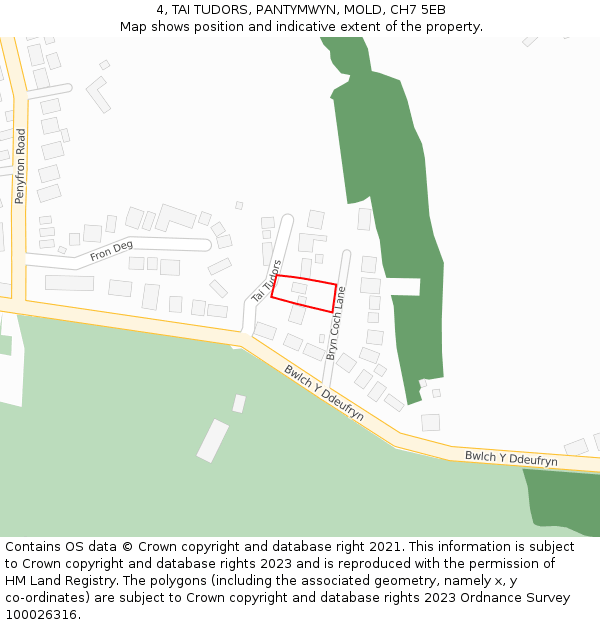 4, TAI TUDORS, PANTYMWYN, MOLD, CH7 5EB: Location map and indicative extent of plot