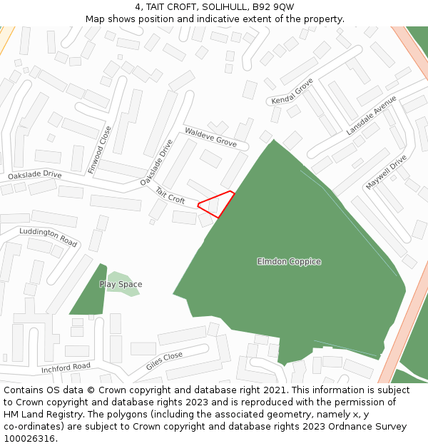 4, TAIT CROFT, SOLIHULL, B92 9QW: Location map and indicative extent of plot