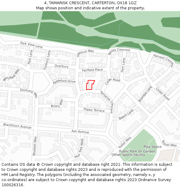 4, TAMARISK CRESCENT, CARTERTON, OX18 1GZ: Location map and indicative extent of plot