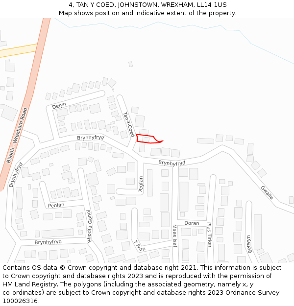 4, TAN Y COED, JOHNSTOWN, WREXHAM, LL14 1US: Location map and indicative extent of plot